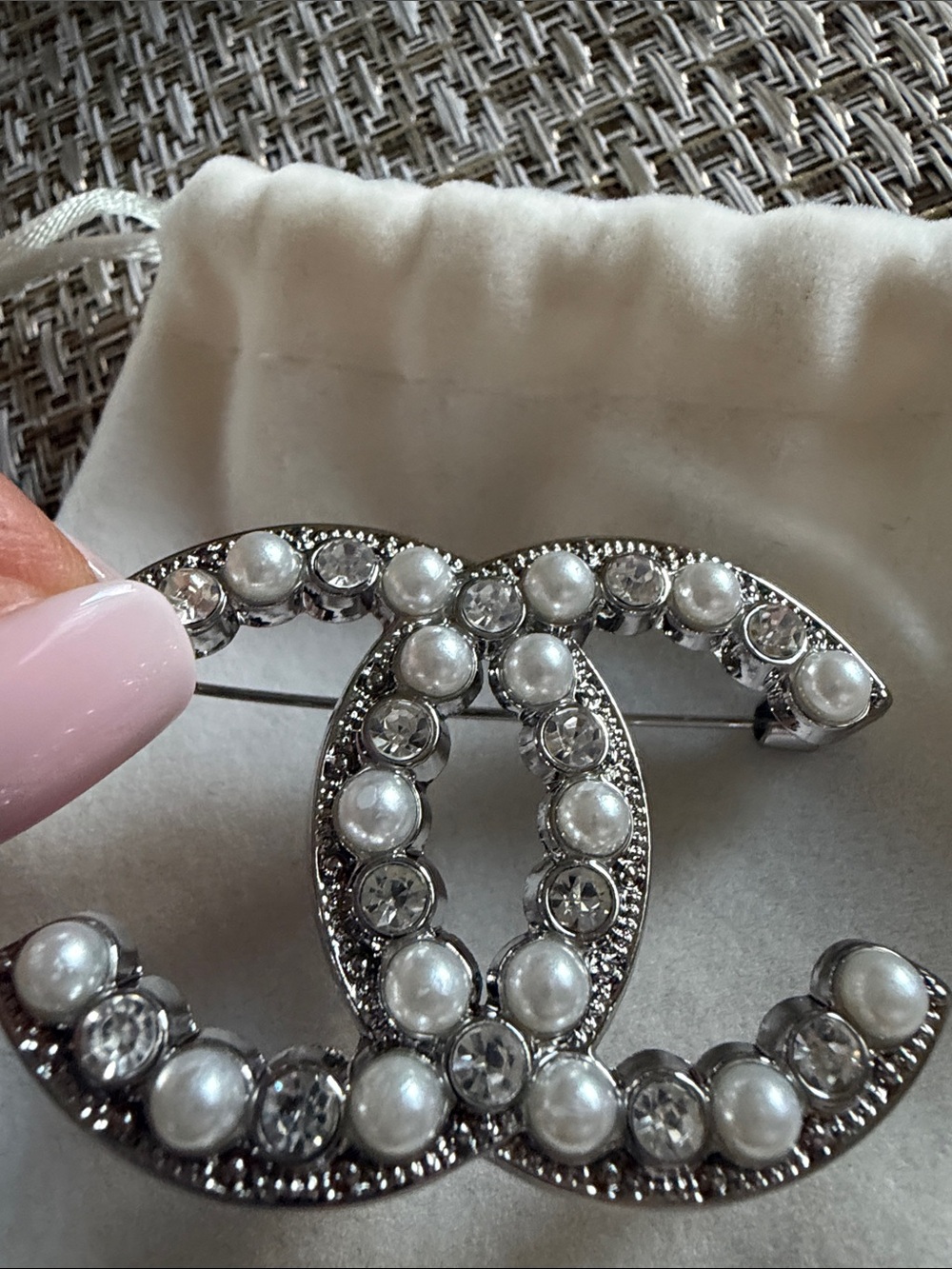 Silver-Tone Double C Brooch with White Pearls & Clear Crystals